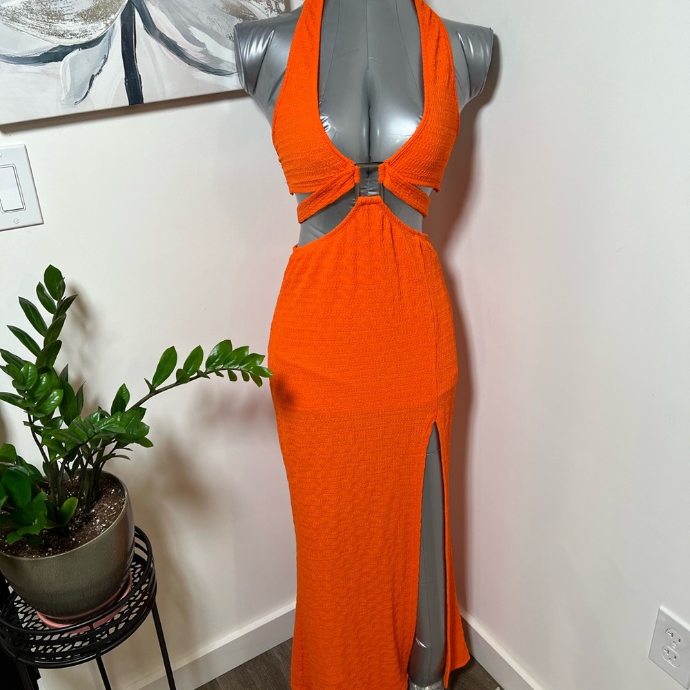 Orange Halter Cut-Out Maxi Dress